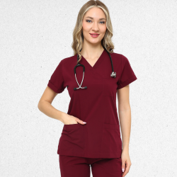 İkon BELİNDA Bordo Doktor Hemşire Likralı Kadın TEK ÜST, İkon Medikal | Doktor ve Hemşire Forması, Medikal Giyim